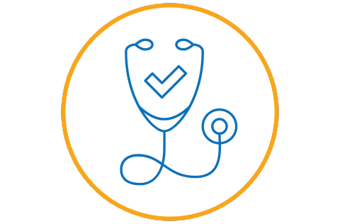 Healthcare icon with a stethoscope and a checkmark in the middle