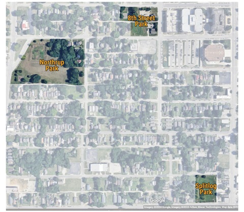 The image is an aerial view of a residential area highlighting three parks: Northrup Park, 8th Street Park, and Splitlog Park.