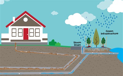 Illustration showing the concept of green infrastructure for stormwater management. A house is depicted with underground pipes leading to a storm drain and a green infrastructure area.