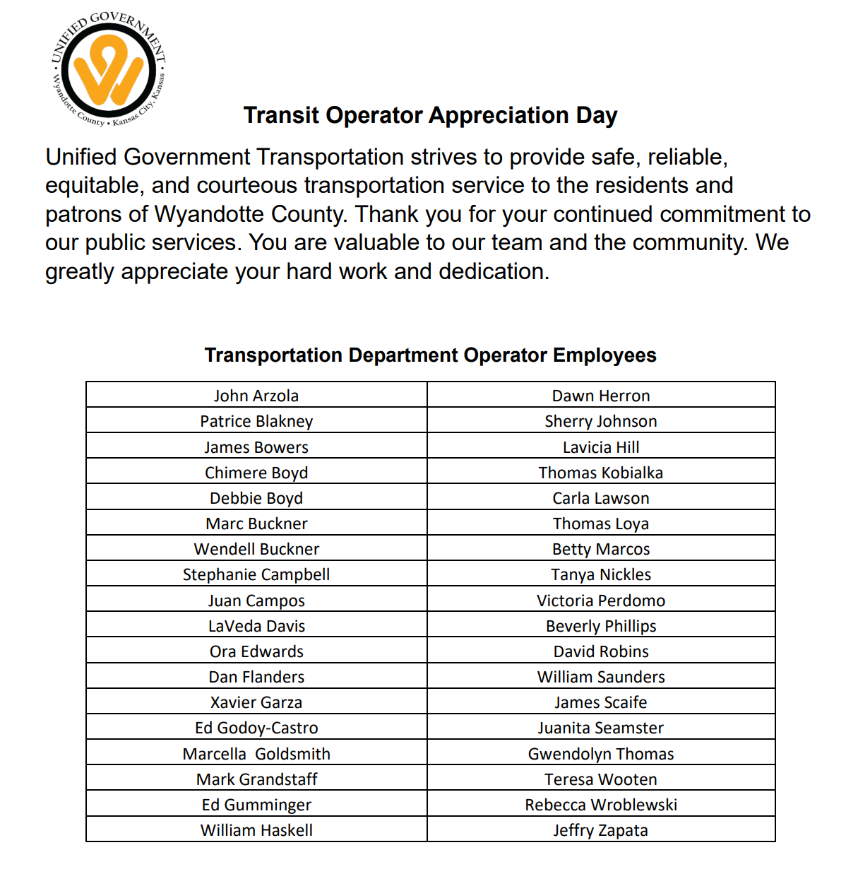 Transit Operator Appreciation Day March 18th, 2024 Unified